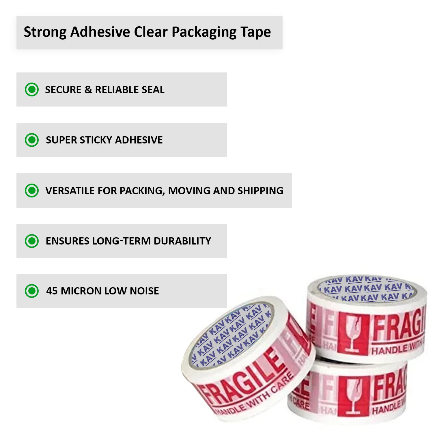 KAV Strong Adhesive Packaging Tape - 48MM x 66M Rolls for Secure Box Sealing, Heavy-Duty Parcel Tape with Improved Formula, UV and Moisture Resistant, FSC Certified