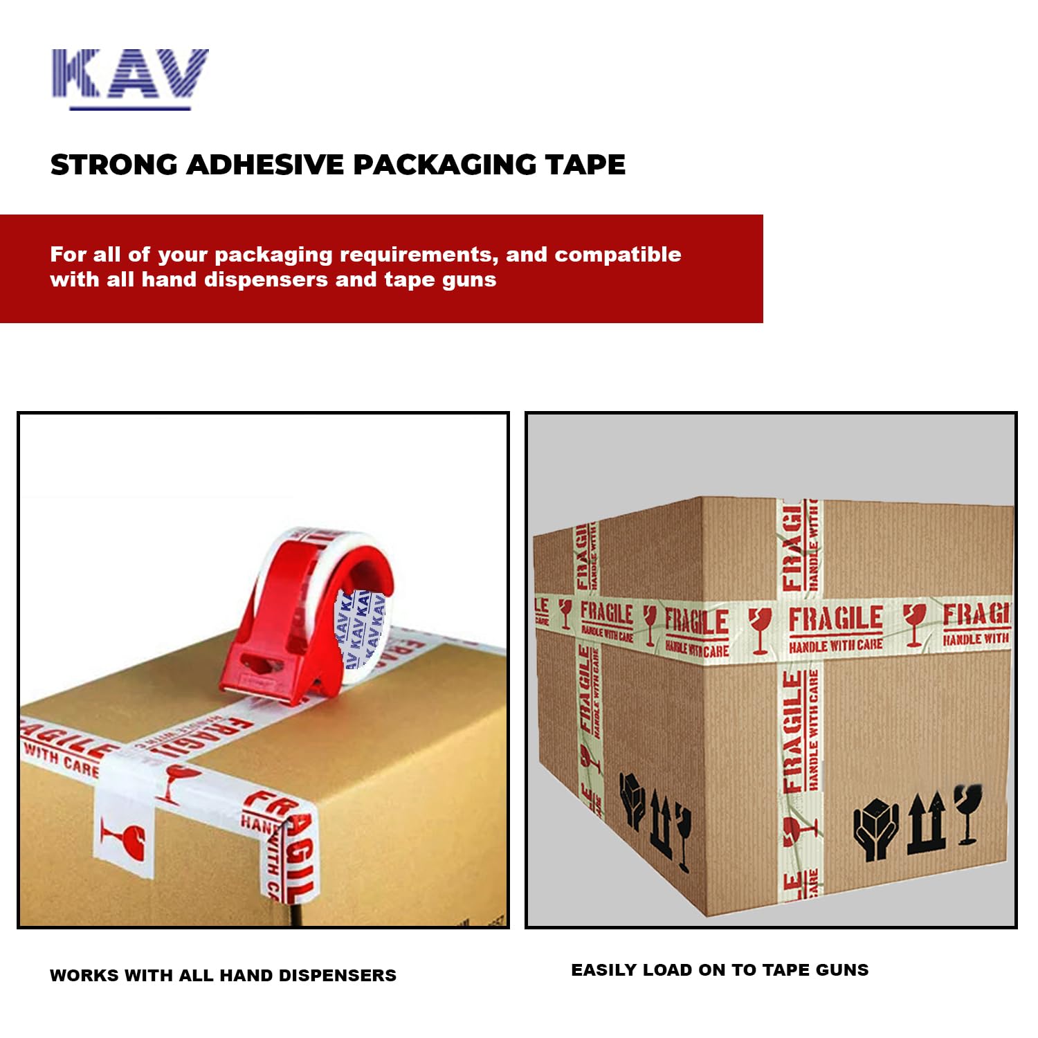 KAV Strong Adhesive Packaging Tape - 48MM x 66M Rolls for Secure Box Sealing, Heavy-Duty Parcel Tape with Improved Formula, UV and Moisture Resistant, FSC Certified