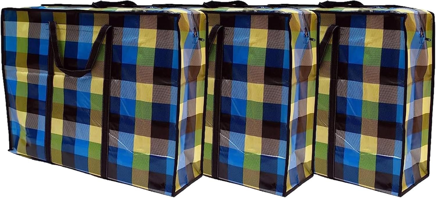 KAV Random Coloured Laundry Shopping Bags - Strong Reusable Waterproof Storage Bag with Zipper and Handle for Travel, Moving, Packing Cloths (50 x 35cm)