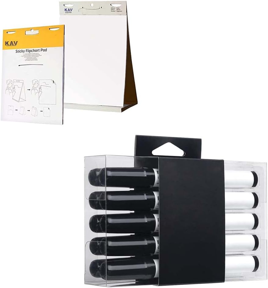 KAV Tabletop Self Stick Flipchart Paper Pad with Dry Erase Pens - 58.5x50cm Plain 20 Sheets with Non-Toxic Markers for Notice Boards - Office, School, Home Notes