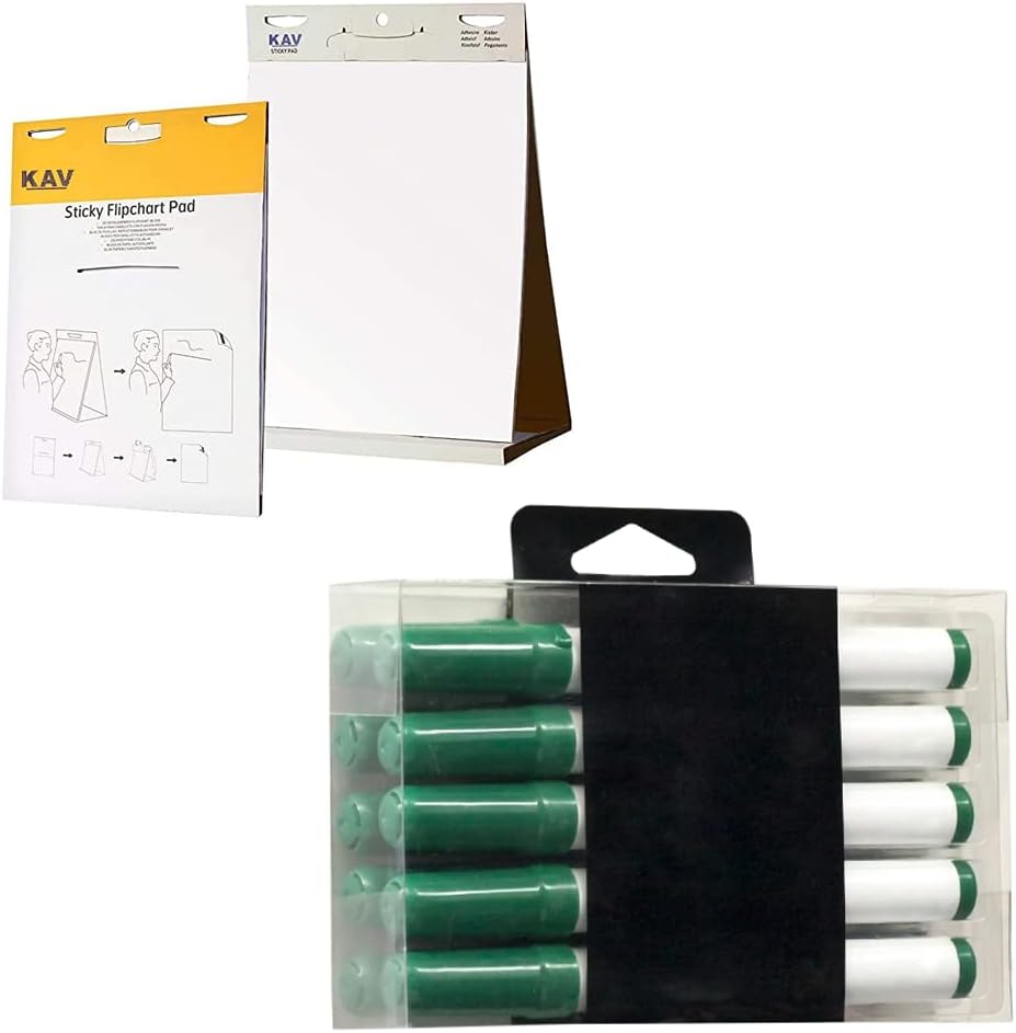 KAV Tabletop Self Stick Flipchart Paper Pad with Dry Erase Pens - 58.5x50cm Plain 20 Sheets with Non-Toxic Markers for Notice Boards - Office, School, Home Notes