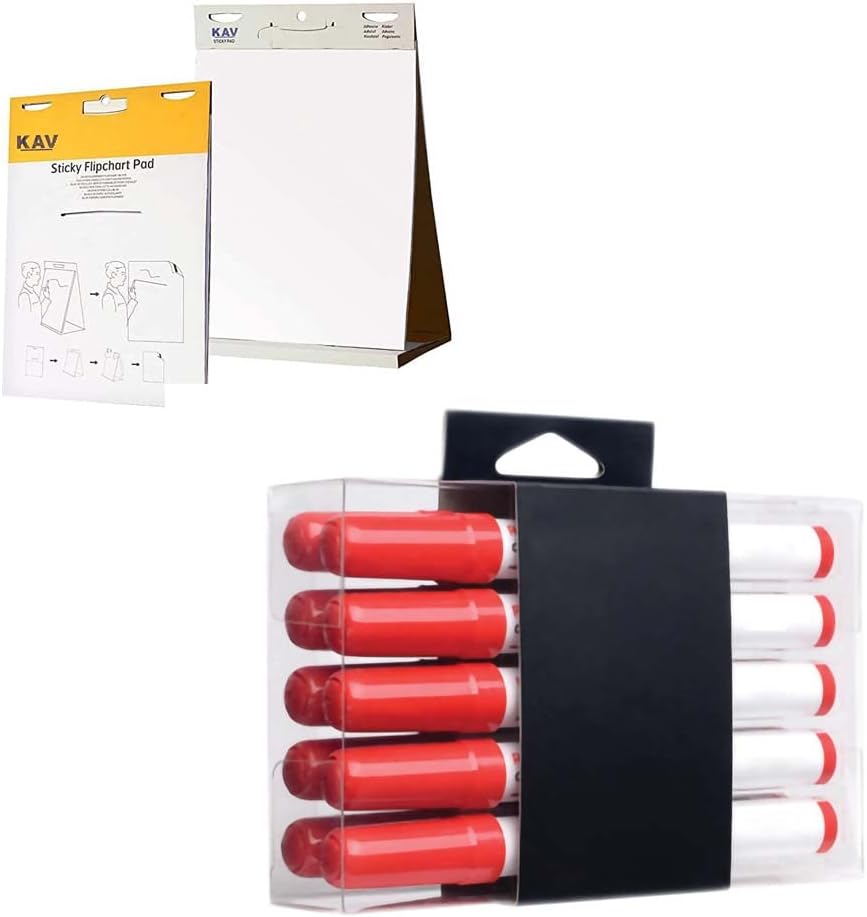 KAV Tabletop Self Stick Flipchart Paper Pad with Dry Erase Pens - 58.5x50cm Plain 20 Sheets with Non-Toxic Markers for Notice Boards - Office, School, Home Notes