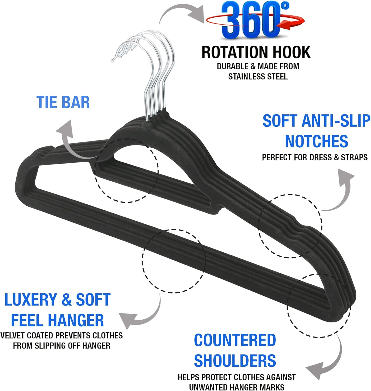 KAV Velvet Coat Hangers – Non-Slip Slim Clothes Hangers For Coats, Dresses, Trousers With 360° Rotating Hook - Space-Saving Design For Wardrobe Organization