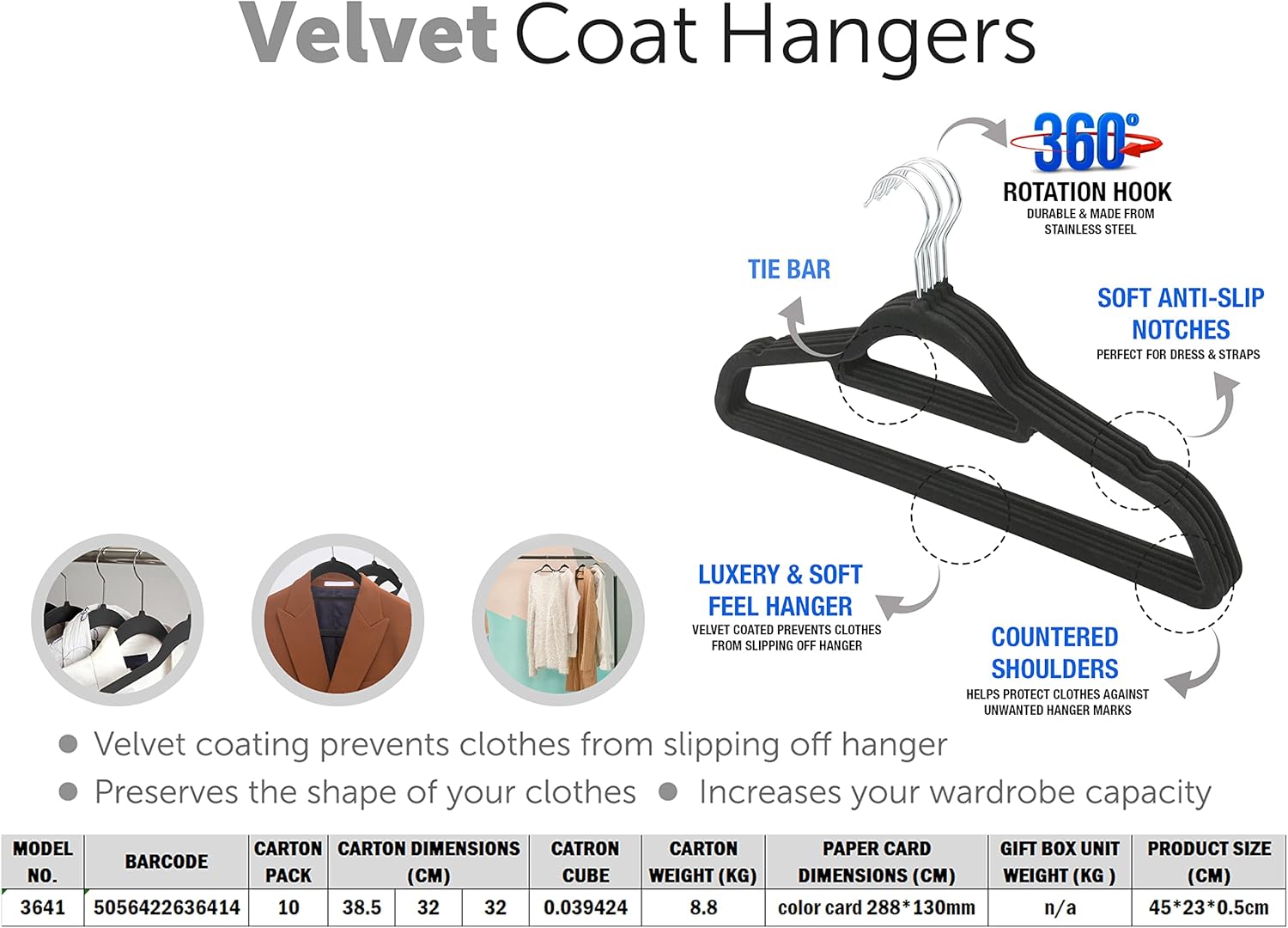 KAV Velvet Coat Hangers – Non-Slip Slim Clothes Hangers For Coats, Dresses, Trousers With 360° Rotating Hook - Space-Saving Design For Wardrobe Organization