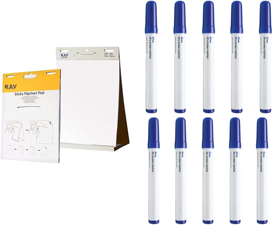 KAV Tabletop Self Stick Flipchart Paper Pad with Dry Erase Pens - 58.5x50cm Plain 20 Sheets with Non-Toxic Markers for Notice Boards - Office, School, Home Notes