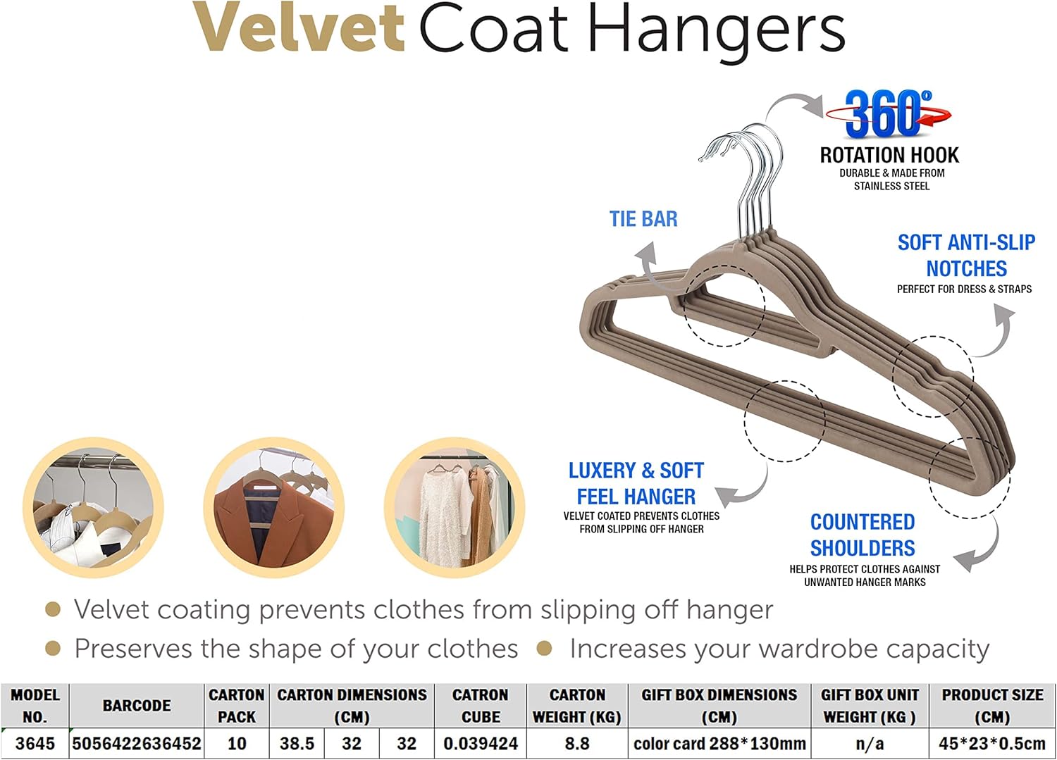 KAV Velvet Coat Hangers – Non-Slip Slim Clothes Hangers For Coats, Dresses, Trousers With 360° Rotating Hook - Space-Saving Design For Wardrobe Organization