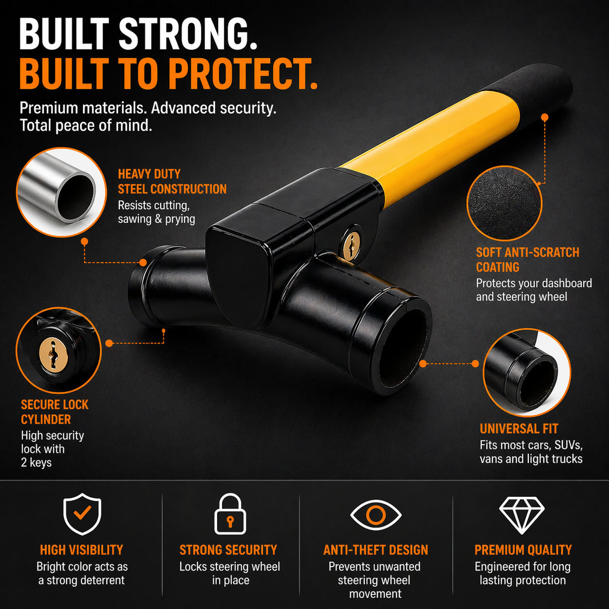 KAV Yellow T Bar Steering Wheel Lock High Visibility Anti Theft Car Va ...