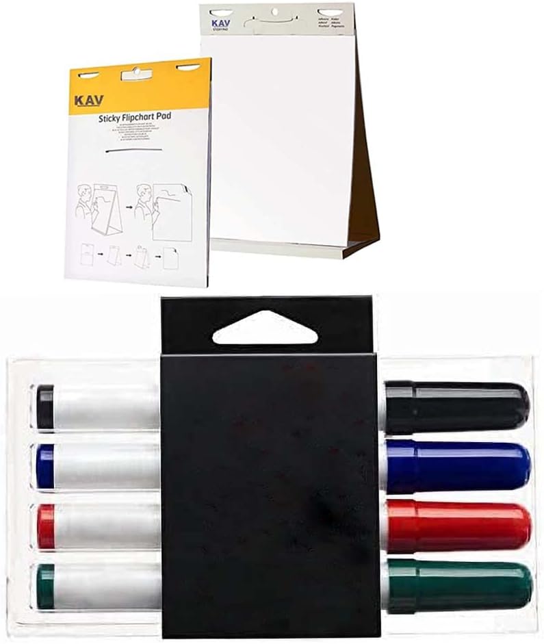 KAV Tabletop Self Stick Flipchart Paper Pad with Dry Erase Pens - 58.5x50cm Plain 20 Sheets with Non-Toxic Markers for Notice Boards - Office, School, Home Notes