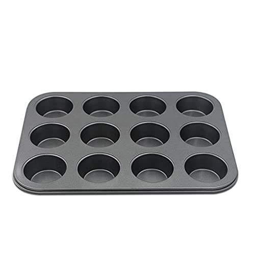 KAV Non Stick 12 Cup Muffin Tray Mould for Cupcakes, Yorkshire Pudding and Baking- Carbon Steel Cup Cake Black Pan, 33x26.5x3 cm