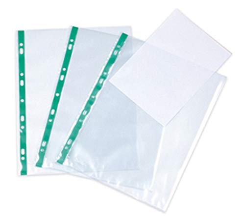 KAV - 300 pcs/Sheets of Green Stripe Heavy Duty High Quality Punched Punch Pocket Polypropylene Top-Opening A4 Glass Clear 60 Micron