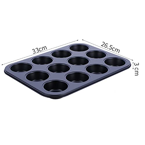 KAV Non Stick 12 Cup Muffin Tray Mould for Cupcakes, Yorkshire Pudding and Baking- Carbon Steel Cup Cake Black Pan, 33x26.5x3 cm