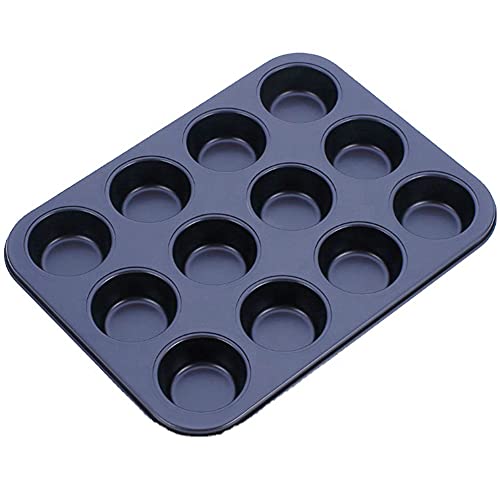 KAV Non Stick 12 Cup Muffin Tray Mould for Cupcakes, Yorkshire Pudding and Baking- Carbon Steel Cup Cake Black Pan, 33x26.5x3 cm