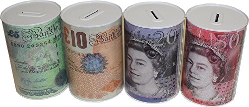 KAV - Value Pack of 4 Money Tin Boxes / Tinplate, Multi-Colour, Notes Design Money Saving Tin, Metal, Multicolour, meduim - Assorted