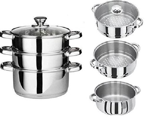 New 3PC Stainless Steel Steamer Cooker Pot Set PAN Cook Food Glass LIDS COOKWARE