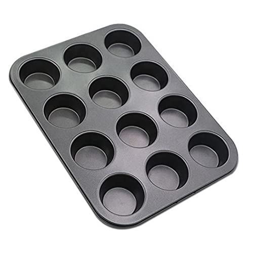 KAV Non Stick 12 Cup Muffin Tray Mould for Cupcakes, Yorkshire Pudding and Baking- Carbon Steel Cup Cake Black Pan, 33x26.5x3 cm