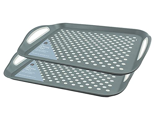 KAV 2 Pack Grey Extra Large Anti Slip Top and Bottom Plastic Serving Tray with High Grip Rubber Surface for Home, Kitchen and Dinnerware