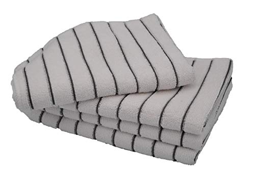 KAV 4 Pieces Soft Microfibre Tea and Dish Towels- Super Absorbent and Lint Free Kitchen Towel with White and Grey Stripe (45x65 cm, 300 GSM)