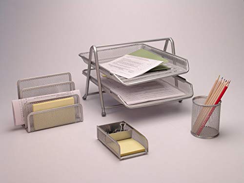 Premium Mesh Office Set of 5 PCS - 2/3 Tier Letter/Filing/Paper Tray, Letter Rack, Pen Pot, Clips & Memo Pad Holder