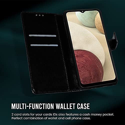 KAV Samsung Galaxy A12 Flip Folio Case PU Leather Book Phone Cover - Wallet Stand Feature Magnetic Closure Id Card Holder Slot Case with Tempered Glass Screen Protector (Black)