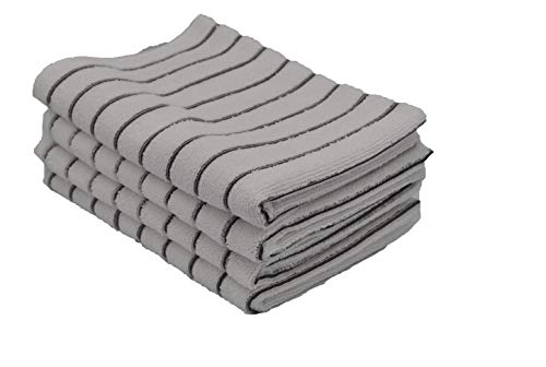 KAV 4 Pieces Soft Microfibre Tea and Dish Towels- Super Absorbent and Lint Free Kitchen Towel with White and Grey Stripe (45x65 cm, 300 GSM)