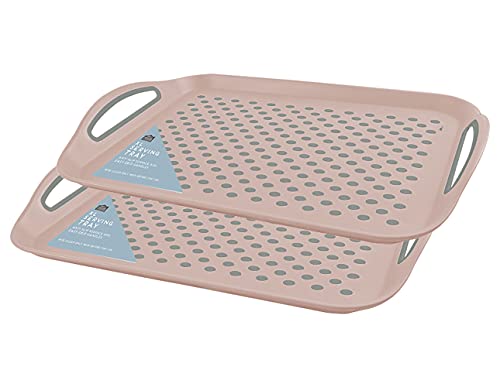 KAV 2 Pack Pink Large Anti Slip Top and Bottom Plastic Serving Tray with High Grip Rubber Surface for Home, Kitchen and Dinnerware