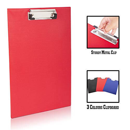 KAV - PVC Clipboards 12 Packs / 4 of Each Colour Black/Blue/Red- A4 Size Foolscap Clipboards with Sturdy Spring - Durable Clip Boards Perfect for Office and School/Presentation