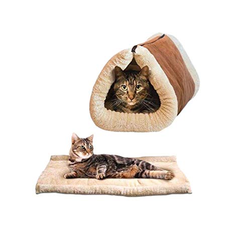 KAV 2 In 1 Pet Tunnel Bed Mat Cat Cushion Luxury Puppy Pad Fleece Self Heating Sofa Thermal Core Furniture&Carpets Fur-free Warm House for Cat/Puppy, Plush Pet Accessories