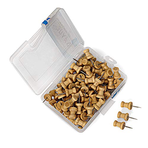 KAV - 100 Pieces Wood Push Pins Wooden Thumb Tacks with Organising Container for Home Office Craft Projects, Natural Color