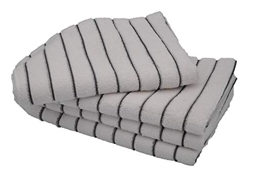 KAV 4 Pieces Soft Microfibre Tea and Dish Towels- Super Absorbent and Lint Free Kitchen Towel with White and Grey Stripe (45x65 cm, 300 GSM)