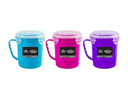 KAV 3 Pack 600ml Microwavable Plastic Soup Mugs - Microwave and Dishwasher Safe Soup Liquid Containers Snap-Lock Lid with Handle Ideal for Kitchen, Lunch and Travels