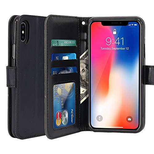 iPhone X Case, PU Leather Wallet Case Flip Cover with Card Slots & Stand For Apple iPhone X - Black