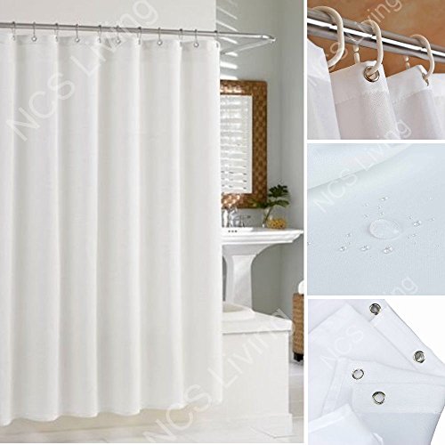 KAV Extra Wide Standard Drop Waterproof Fabric Shower Bathroom Curtain with Hooks (W 210 X 180 cm L (2.80 M x 1.8 M), White), 210 X 180cm L (2.1M x 1.8M)