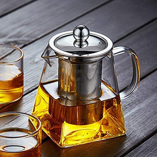 KAV - Glass Loose Tea Teapot, Round OR Square Tea Pot with Infuser Basket Borosilicate Tea Pot with Strainer, Clear Leaf Tea Pots for Loose Leaf Green Black Tea 1 – 4 Cups