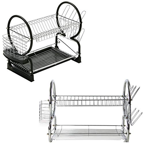 KAV - Draining Board with Drip Tray 2 Tier White Dish Drainer Metal Kitchen Drainer Rack with Draining Board Approx. 44cm x 37cm x 24cm/17.3" x 14.6" x 9.4"