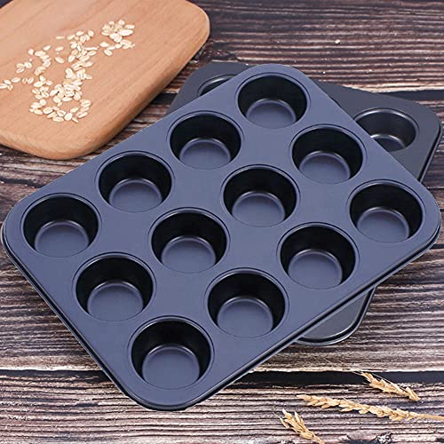 KAV Non Stick 12 Cup Muffin Tray Mould for Cupcakes, Yorkshire Pudding and Baking- Carbon Steel Cup Cake Black Pan, 33x26.5x3 cm