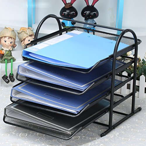 4-Tier File Rack Metal Mesh Letter Tray Scratch-Resistant Stackable Foolscap Rack Desk Document Organizer
