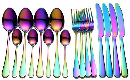KAV 24pcs Stainless Steel Cutlery Set - Modern Eye Catching Sleek Design Knife, Fork, Spoon, Teaspoon with Mirror Finished for Dinner Set, Gift