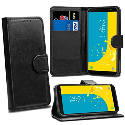 KAV - Protection (faux) Leather Wallet flip Case cover pouch holser holder for Samsung Galaxy J6 2018 (Black)