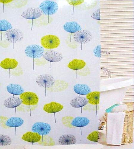 KAV - Dandelion Pattern Multi Green Blue Grey Flowers Shower Curtain Mould and Mildew Resistant, 100% Polyester with 12 white hooks