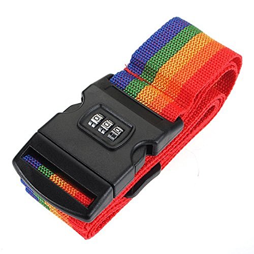 WhizzTech - Familymall Travel Password Coded Secure Lock Luggage Suitcase Belt Backpack Bag Strap Band with Name Tag Rainbow Stripe