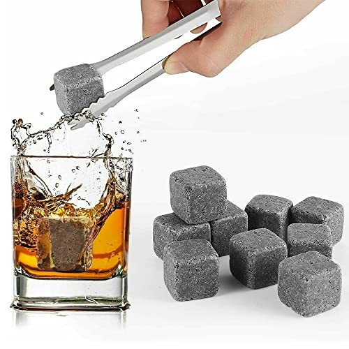 KAV 9 Pcs Reusable Whisky Granite Stones Set Refreezable Ice Drink Cubes Chilling Rocks Gift Set with Pouch for Cold Drinks, Scotch, Brandy