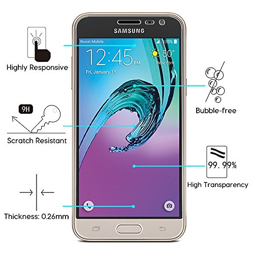 Samsung Galaxy J3 2016 Protector, Tempered Glass Protective Films Invisible Transparent Clear Protection Display Shield for Samsung Galaxy J3 2016 - (Pack of 3)
