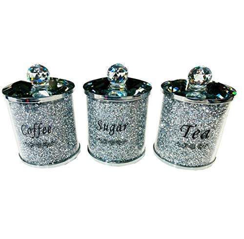 Diamond Crushed Tea Coffee Sugar Canisters Jars Kitchen Storage Silver Trimmings Crystal Filled Black Writing