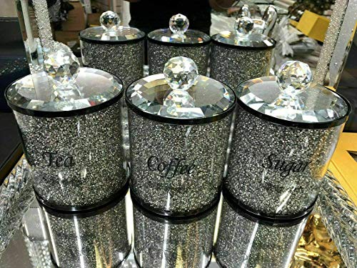 Diamond Crushed Tea Coffee Sugar Canisters Jars Kitchen Storage Silver Trimmings Crystal Filled Black Writing