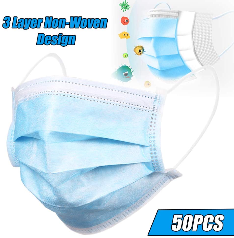 Face Masks,Pack of 50 Masks Standard-Sealed Bag Protected Health-3 PLY Masks Blue